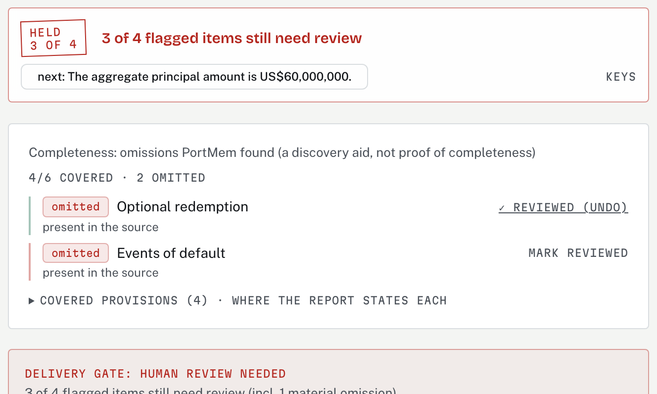 The review console's exception queue: HELD stamp, next unresolved item, omitted provisions awaiting sign-off