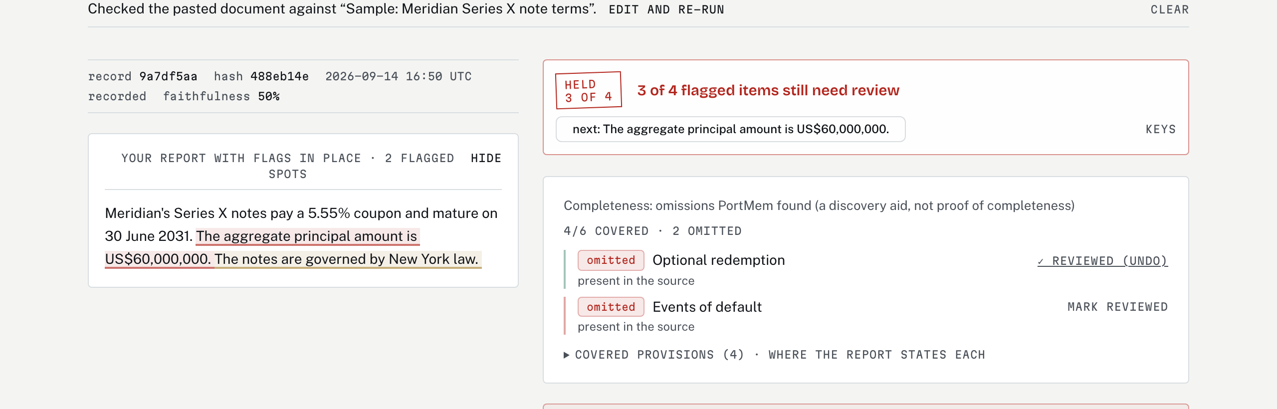 The review console after a review: ledger line, flagged passages in the report, HELD stamp, omitted provisions